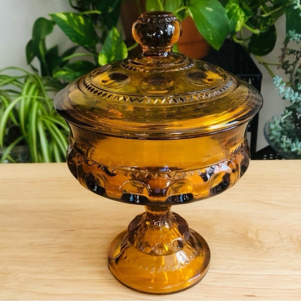 Indiana Glass King’s Crown Golden Amber Compote Thumbprint Pedestal Dish Vintage - Picture 9 of 11